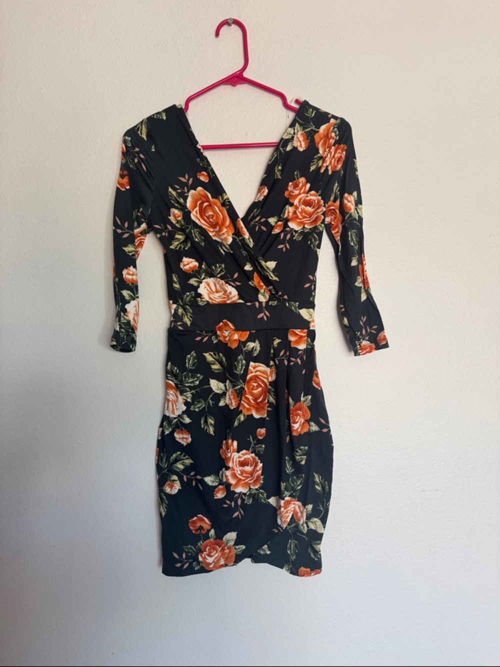 iris Black Wrap Dress with Orange Rose Print